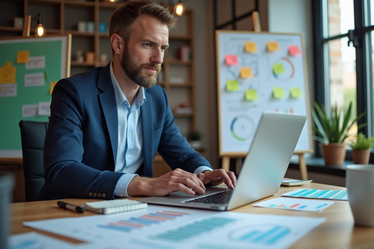 Experte marketing utilisant un ordinateur dans un espace lumineux