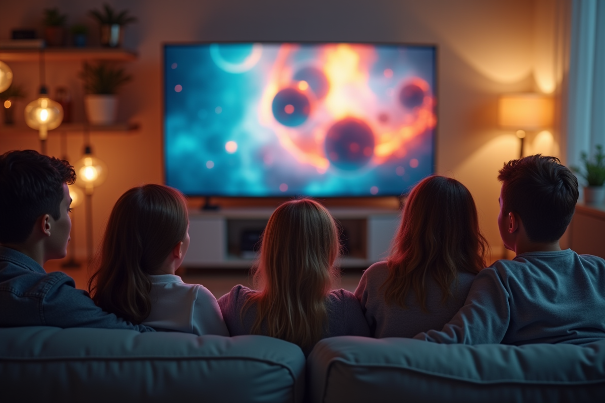 Famille regardant la television avec emotions face aux publicites
