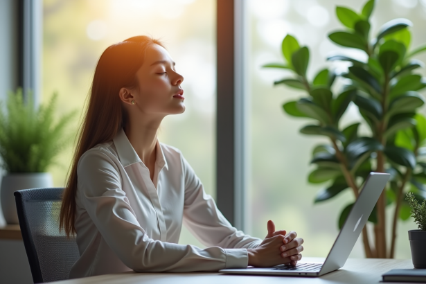 Femme d'affaires calme respire profondément au bureau