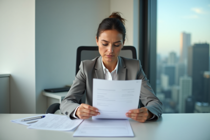 Femme d affaires examinant des documents dans un bureau moderne