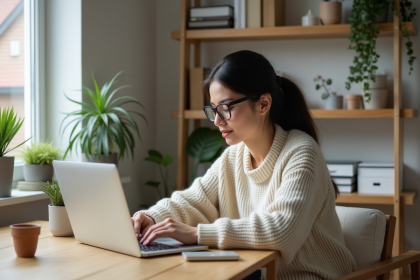 Femme travaillant sur son ordinateur dans un bureau lumineux