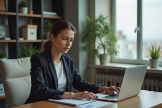 Jeune femme au bureau vérifiant une alerte d'annonce bloquée