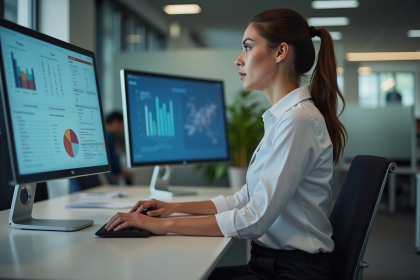 Femme professionnelle travaillant sur un ordinateur dans un bureau moderne