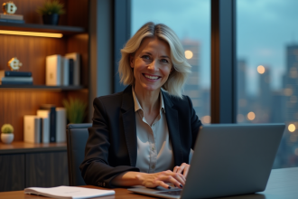 Femme d'affaires dans un bureau moderne avec skyline