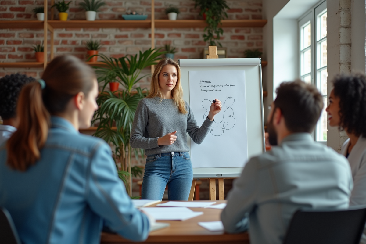 Jeune femme en gestion animant un atelier avec équipe