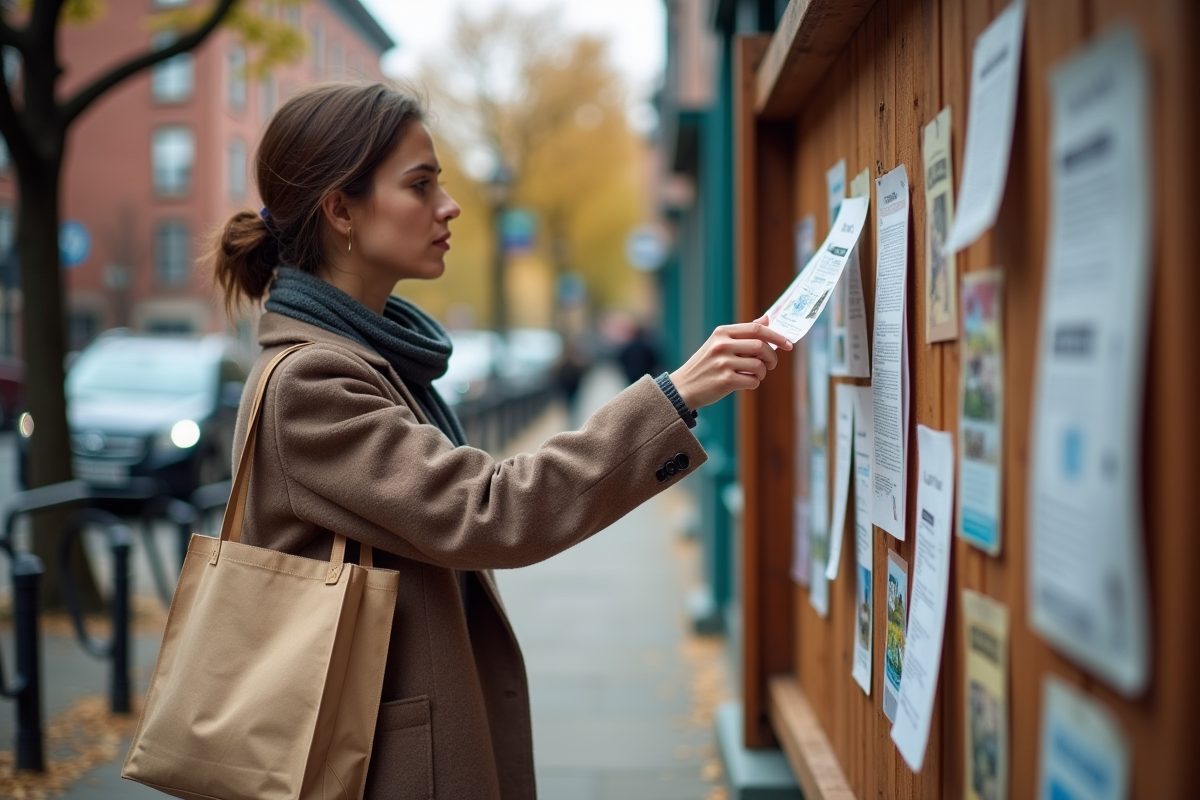 Jeune femme affichant un flyer sur un panneau urbain