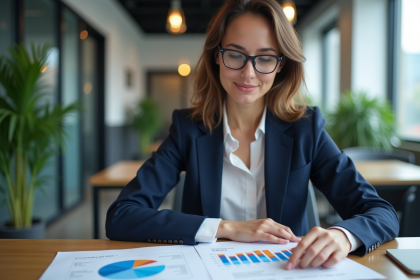 Femme professionnelle analysant un rapport marketing dans un bureau moderne