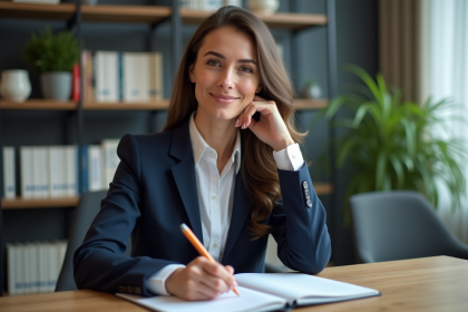 Femme confiante en blazer navy prenant des notes au bureau