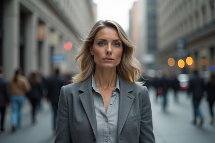 Femme d'&acirc;ge moyen en blazer gris sur une rue urbaine