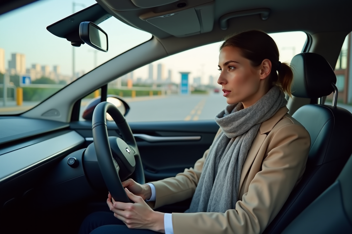 Femme professionnelle dans sa voiture électrique en ville