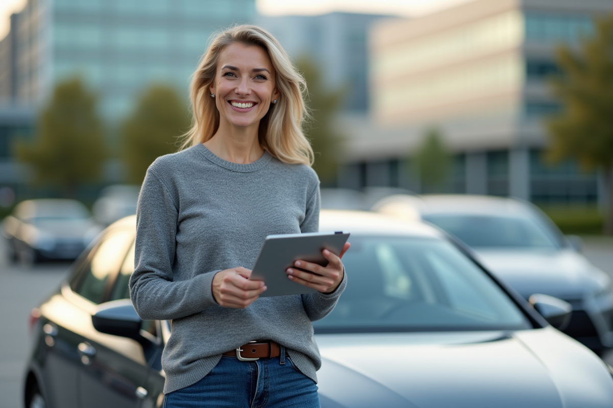 Femme souriante près de sa voiture avec une tablette