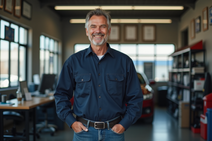Proprietaire de garage homme souriant devant son bureau