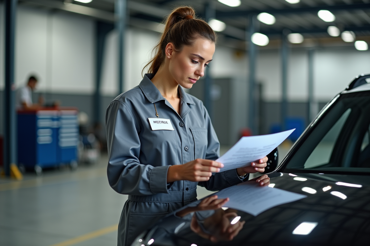 Gestionnaire auto femme vérifiant un document dans l