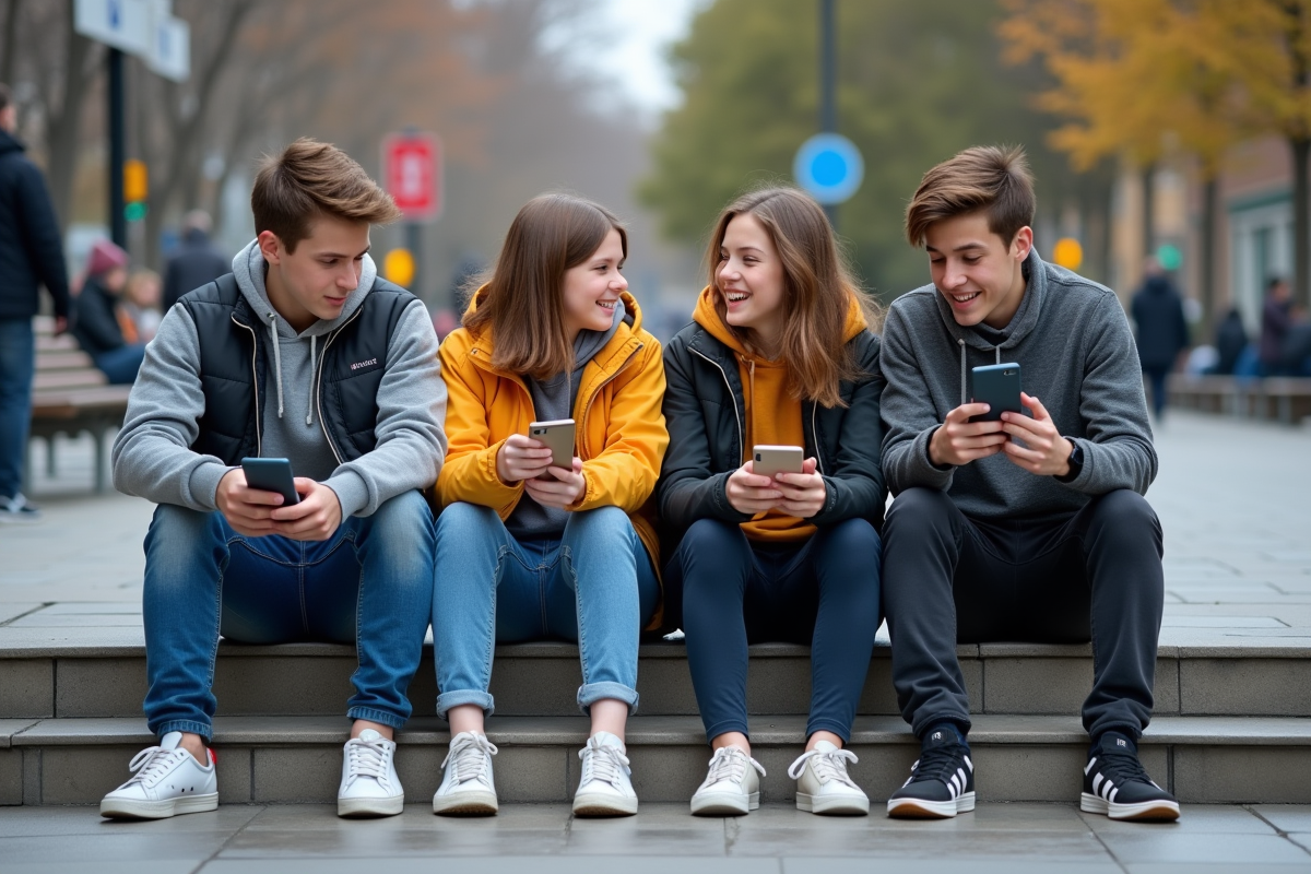Groupe de quatre adolescents discutant en extérieur urbain