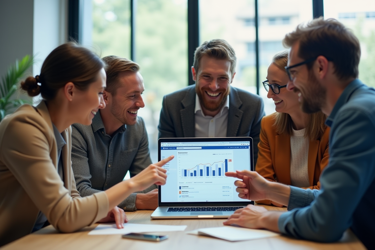Groupe de personnes dans un bureau analysant Facebook