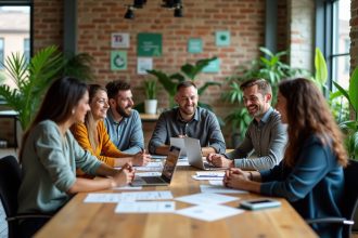 Groupe de professionnels collaborant dans un bureau écologique