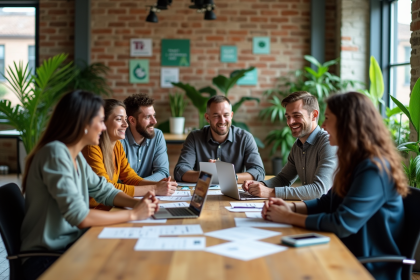Groupe de professionnels collaborant dans un bureau &eacute;cologique