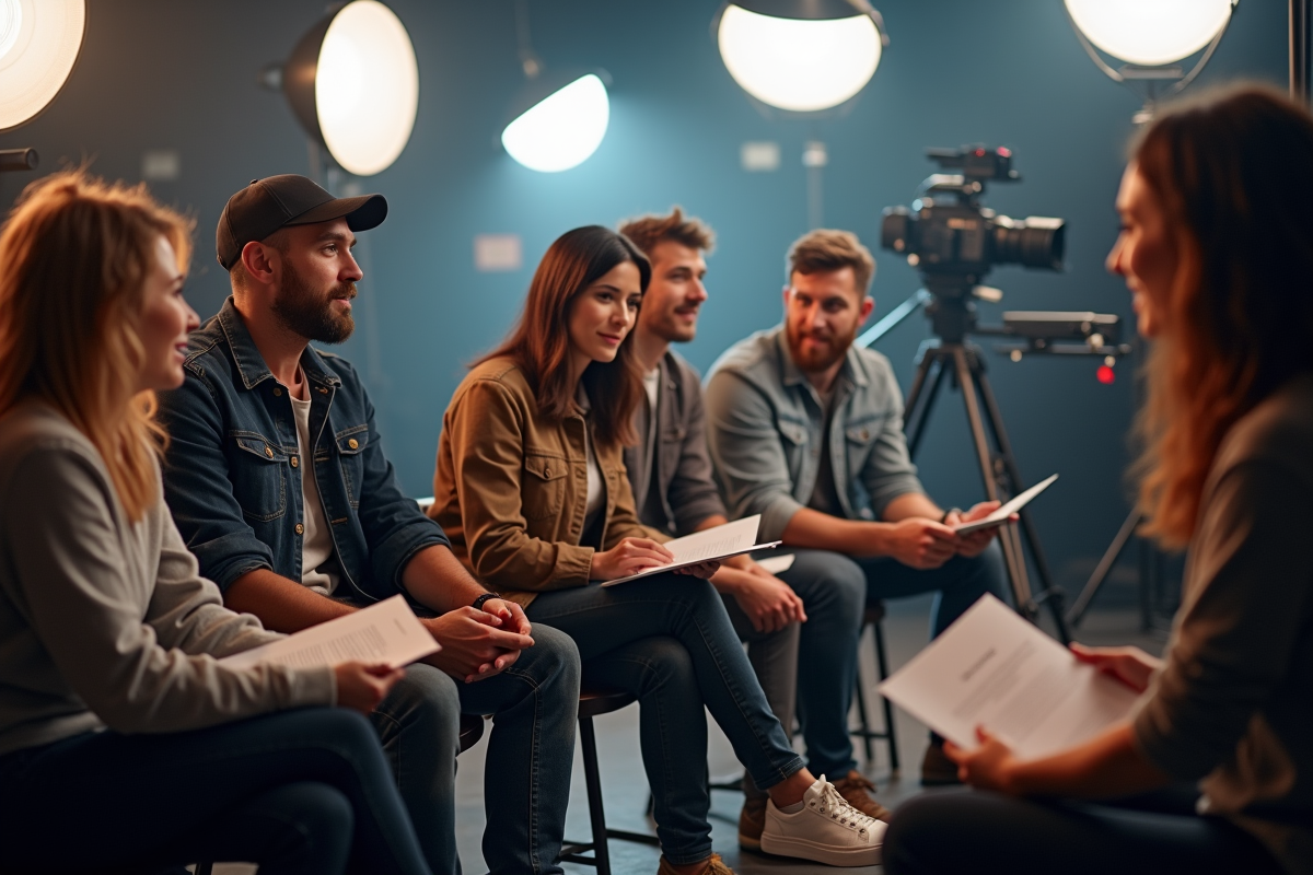 Groupe d'acteurs divers en attente sur le tournage