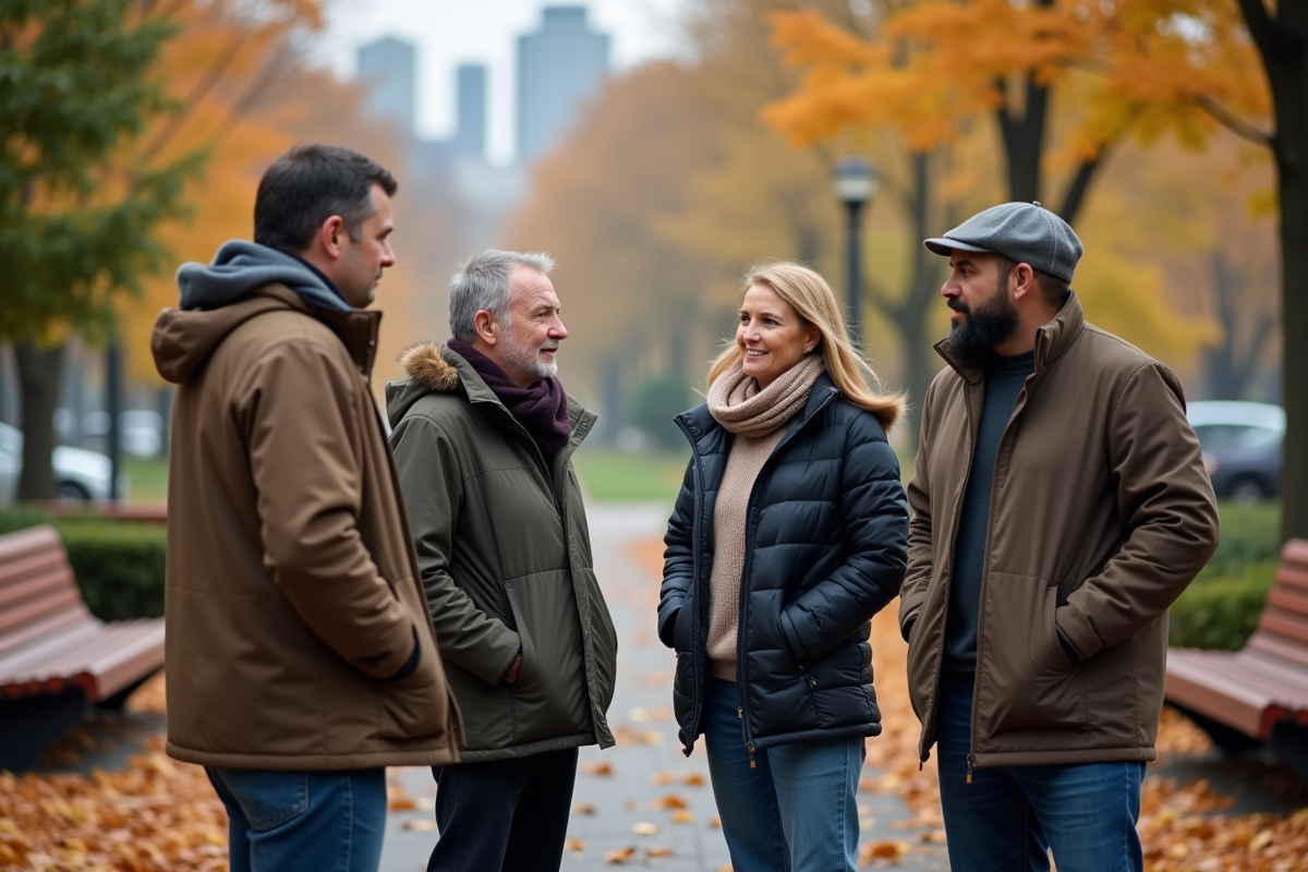 Groupe de quatre personnes discutant dans un parc en automne