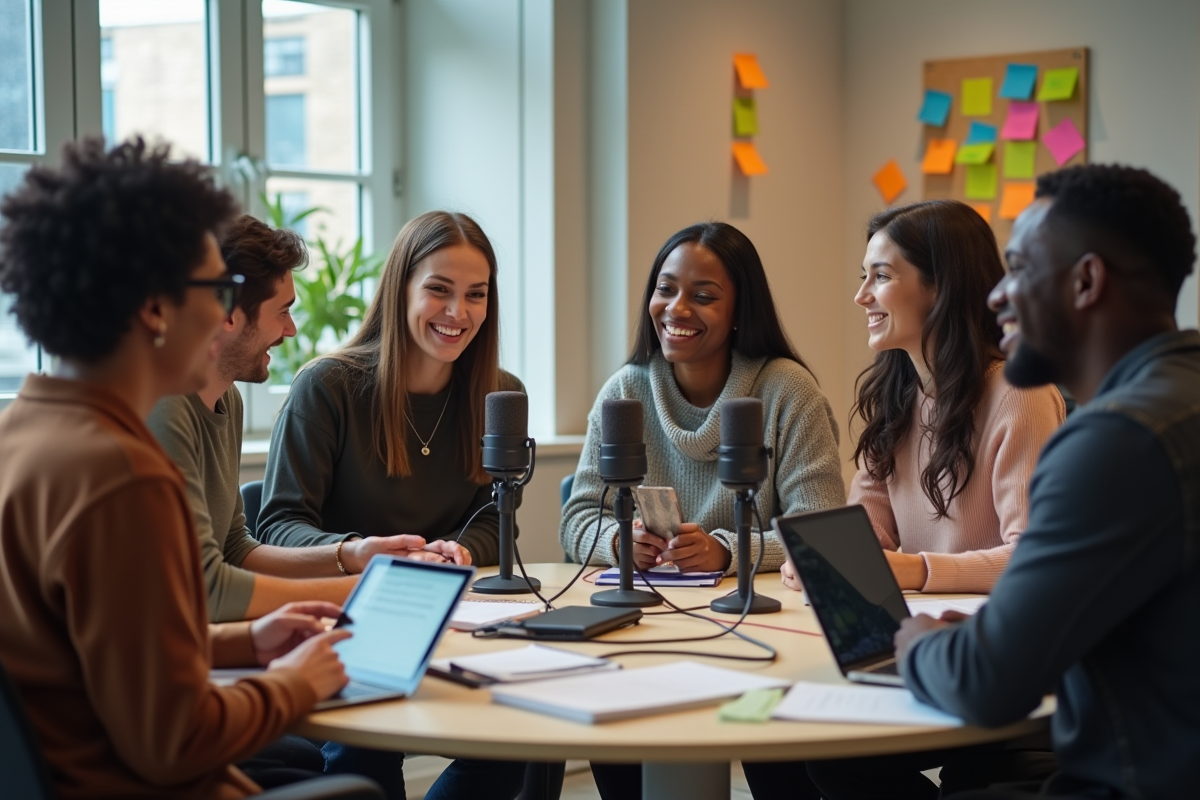 Groupe multiracial discutant de podcasts en réunion créative