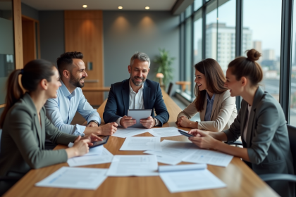 Groupe de professionnels en r&eacute;union dans un espace moderne