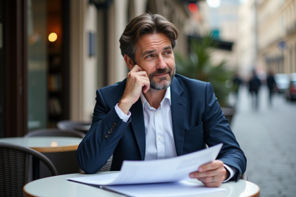 Homme d'affaires en costume dans un café urbain
