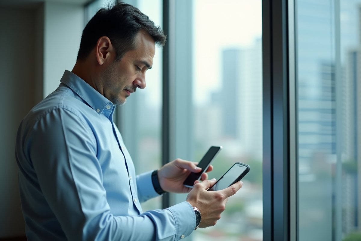 Homme d affaires utilisant son smartphone dans un bureau moderne
