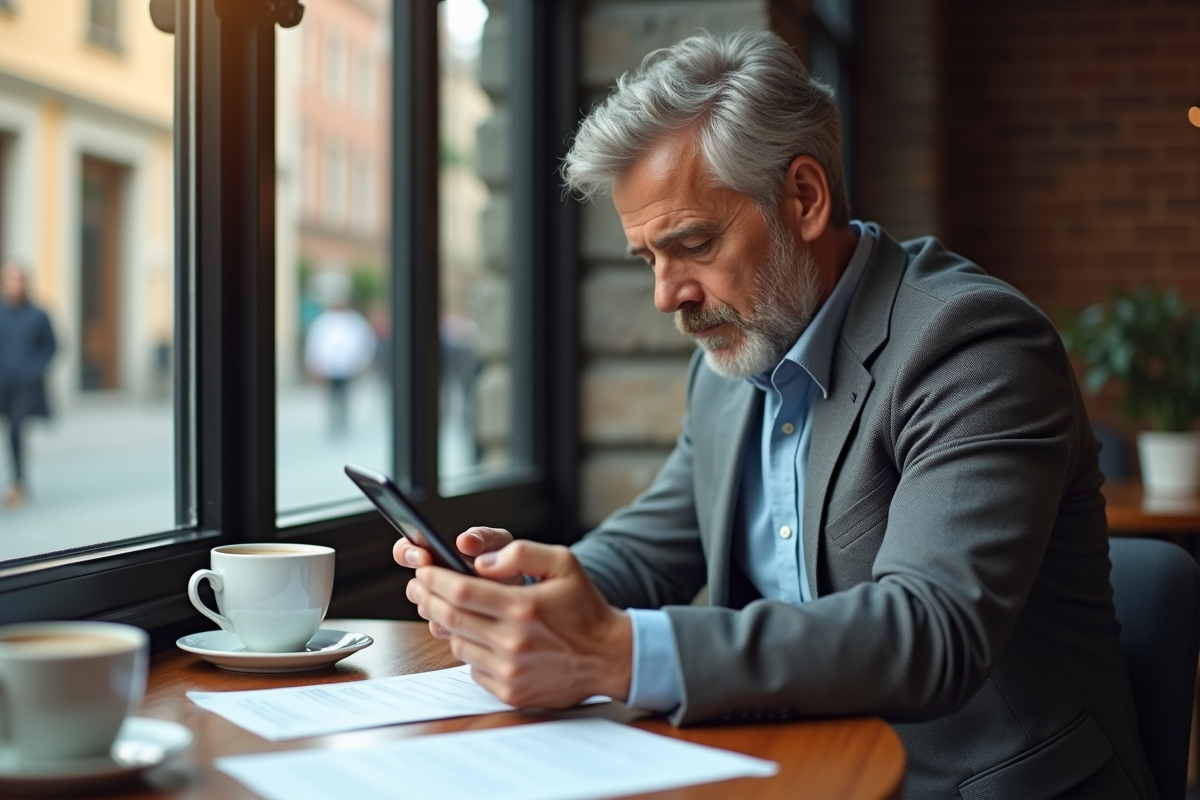 Homme d age moyen utilisant son smartphone dans un café urbain