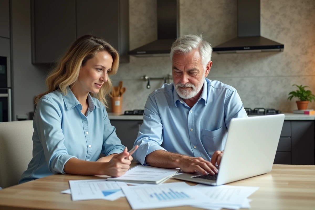 Homme et femme discutant de finances dans une cuisine