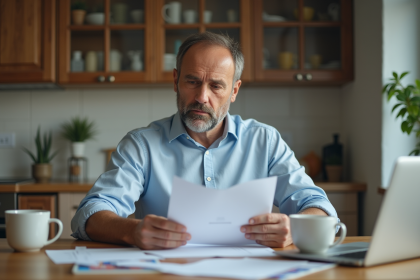 Homme d'&acirc;ge moyen lisant des documents dans une cuisine