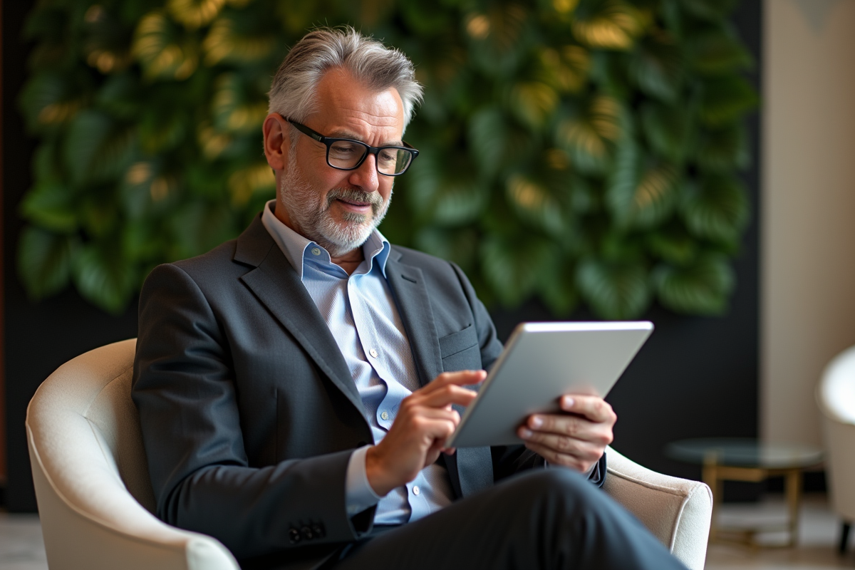 Homme en costume dans un lounge hôtel de luxe