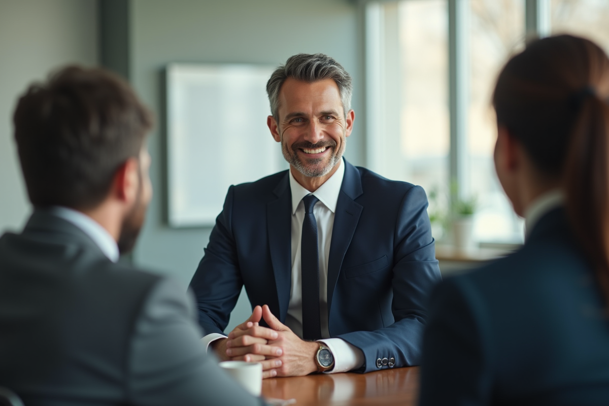 Homme en costume écoute un client en réunion