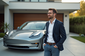 Homme en blazer près de sa voiture électrique moderne