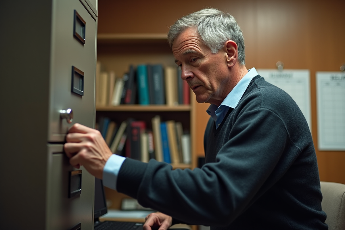 Homme âgé sécurisant un classeur dans un bureau professionnel