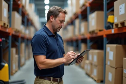 Homme d'&acirc;ge moyen v&eacute;rifiant l'inventaire dans un entrep&ocirc;t