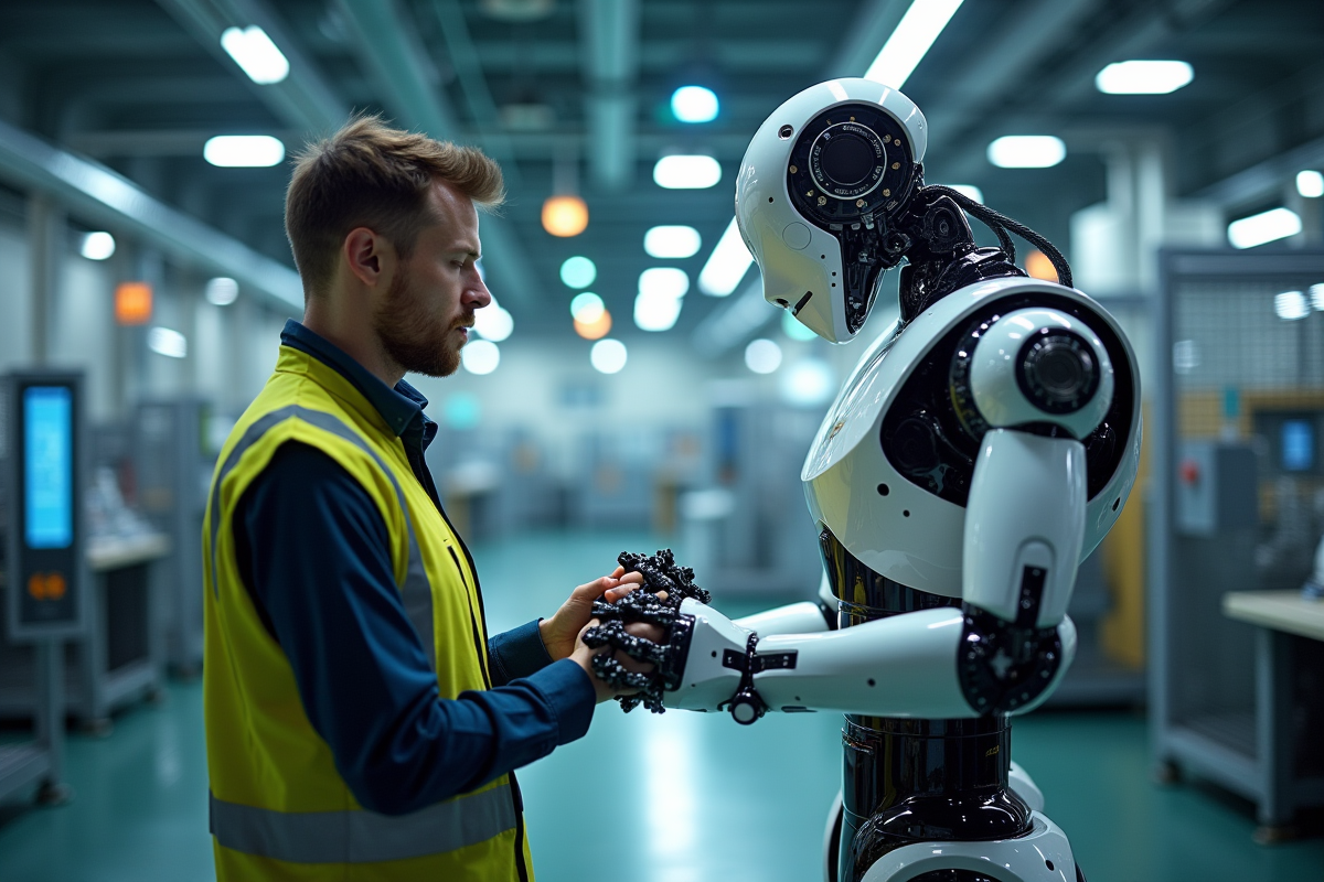 Ingénieur en robotique ajustant un bras robotique industriel