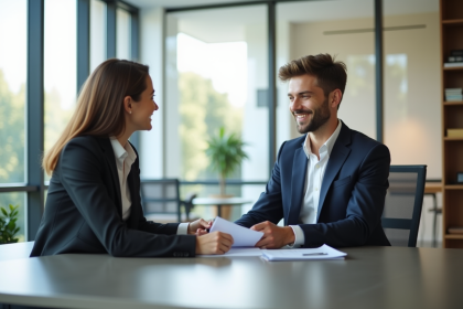 Jeune entrepreneur rencontrant un conseiller d'affaires dans un bureau lumineux