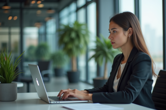 Jeune femme concentrée travaillant sur son ordinateur en bureau moderne