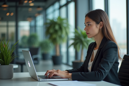 Jeune femme concentrée travaillant sur son ordinateur en bureau moderne