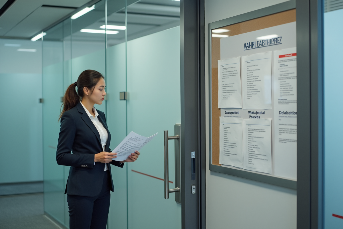 Jeune femme en costume regardant un tableau de politiques