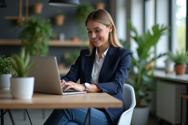 Jeune femme professionnelle en bureau moderne met à jour son profil