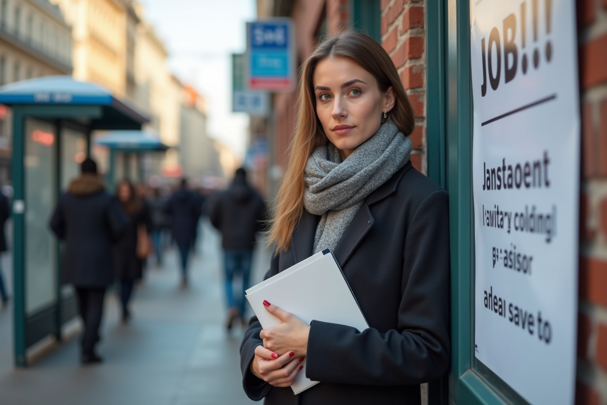 Jeune femme avec dossier devant affiche de recrutement en ville