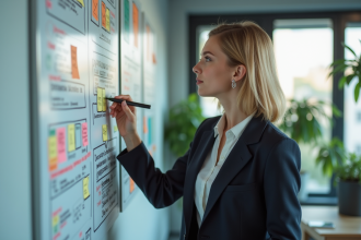 Jeune femme en tenue professionnelle esquissant des idées créatives