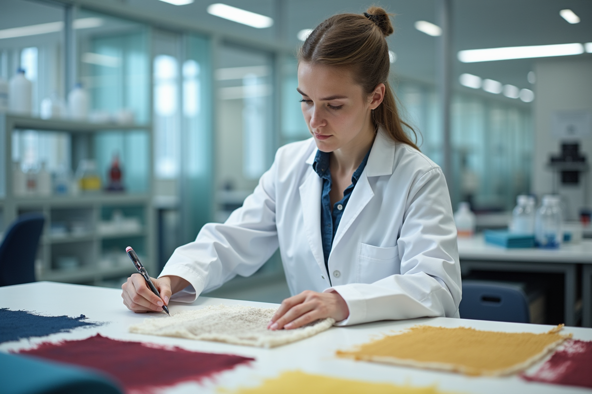 Jeune femme ingénieure textile inspectant tissus colorés
