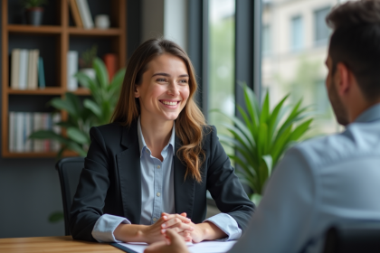 Jeune femme souriante en bureau moderne pour article sur le titre