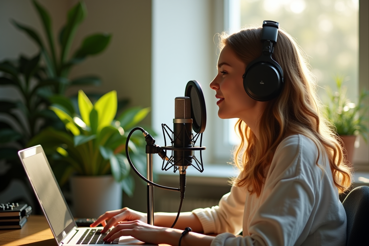 Jeune femme enregistrant un podcast dans un studio moderne