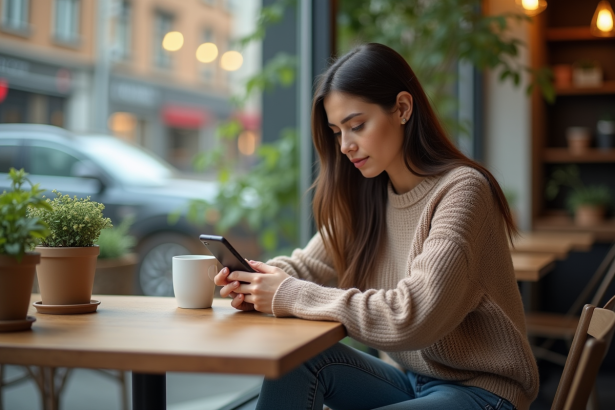 Jeune femme absorbée avec smartphone dans un café moderne