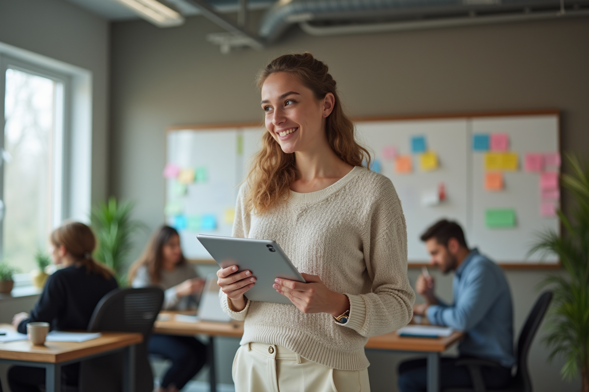 Jeune femme souriante observant son équipe dans un espace ouvert