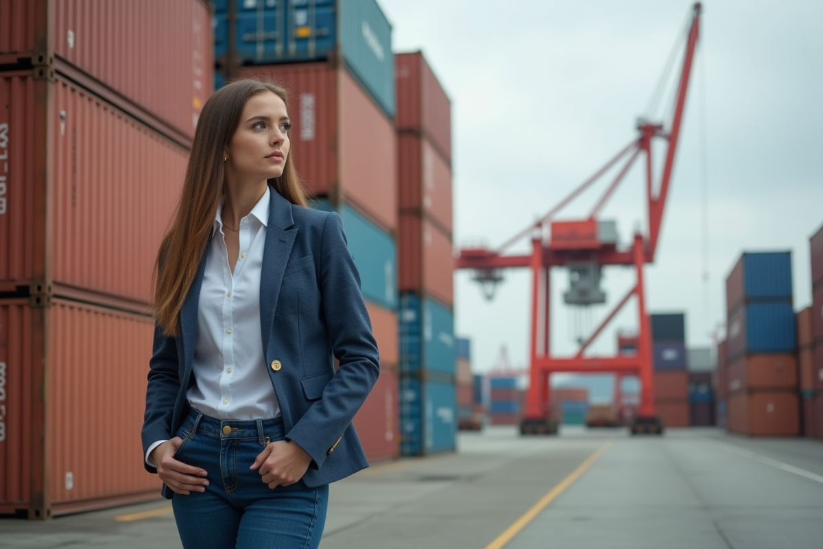 Jeune femme coordonnatrice de fret près de containers au port