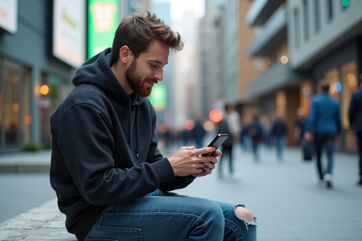 Jeune homme vérifiant des graphiques crypto en ville